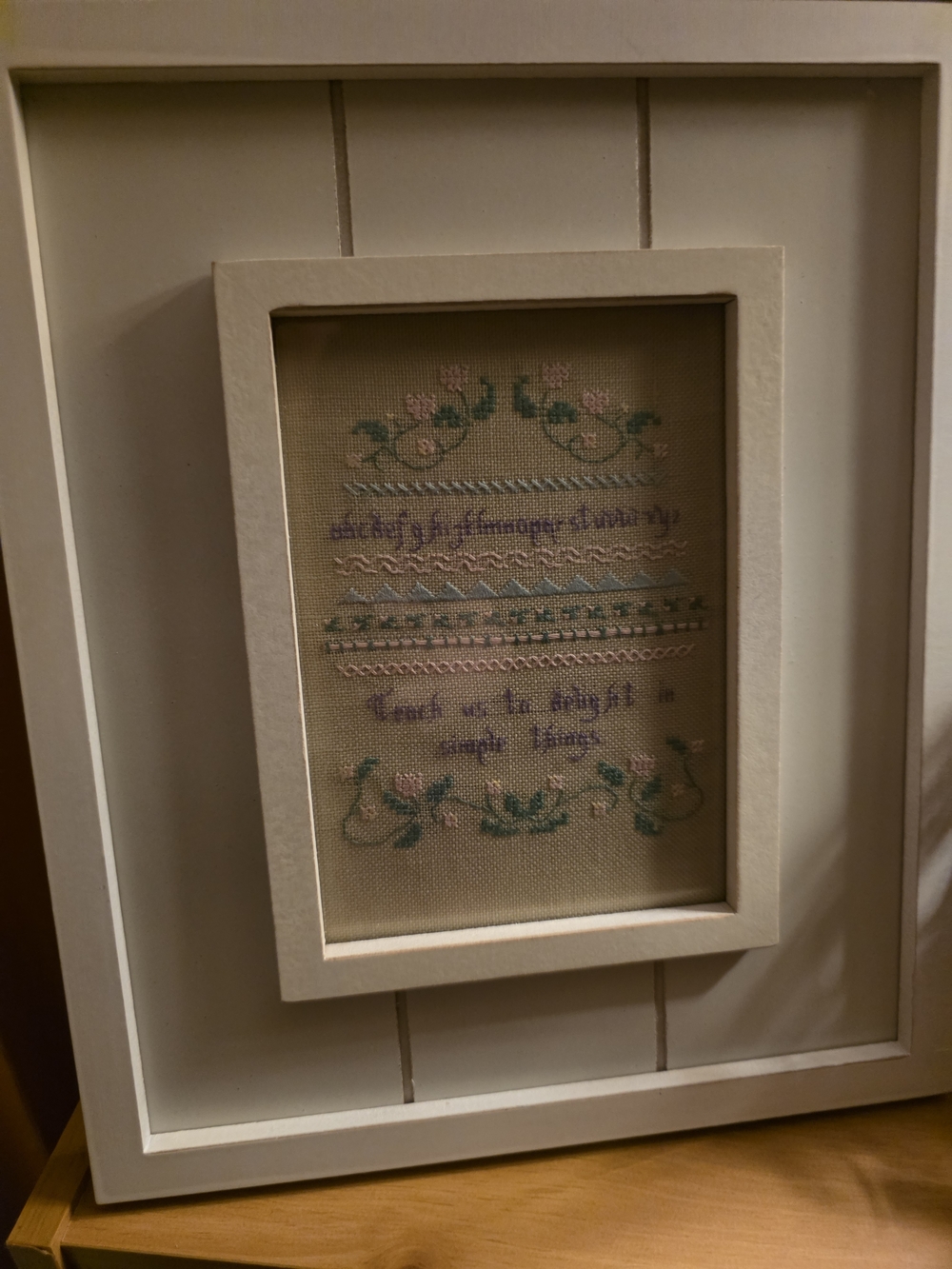 Framed Floral Cross Stitch Sampler in Pastel Pink & Green